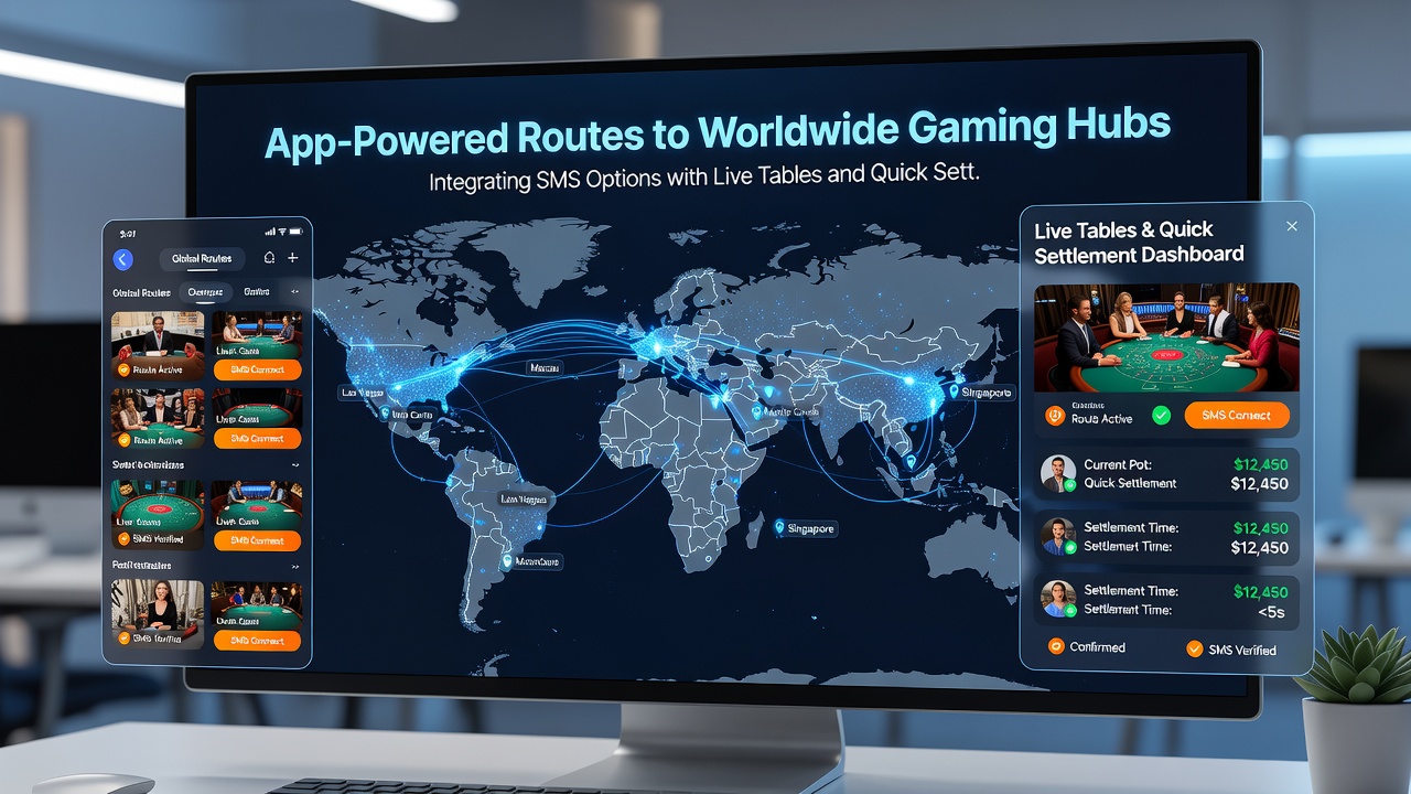 World map overlay on smartphone screen showing connections to international live gaming hubs with SMS and settlement features