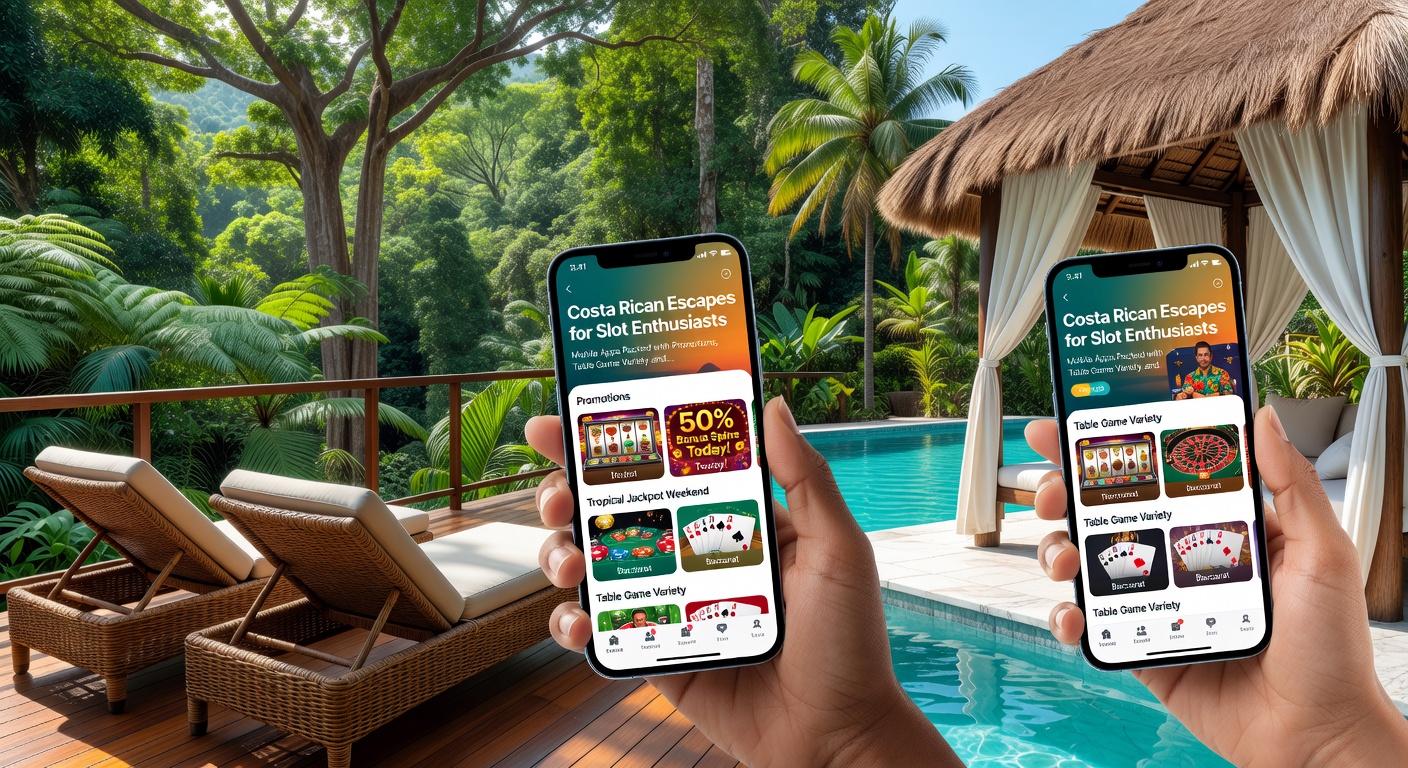 Dynamic screenshot of a Costa Rican casino app displaying stacked promotions, slot reels, and table game options with fast payout icons