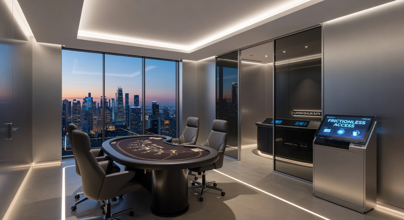 Custom dealer suite with live blackjack table, high-tech screens, and personalized player interface