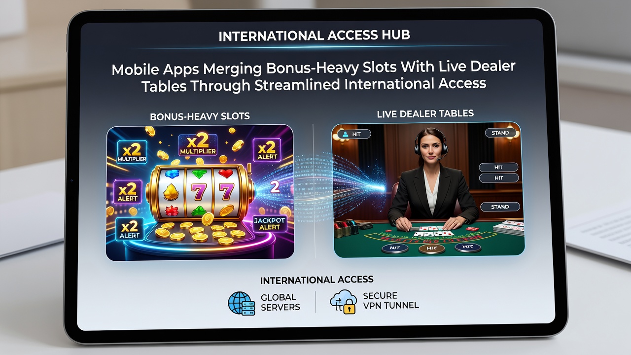 Live dealer table displayed on mobile screen alongside slot bonus indicators and global access options