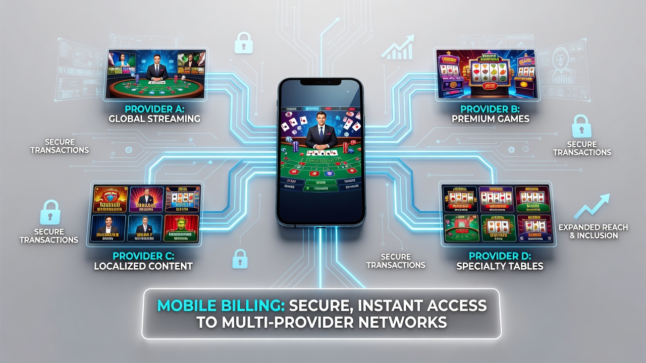 Live casino dashboard displaying integrated games from multiple providers funded via mobile billing